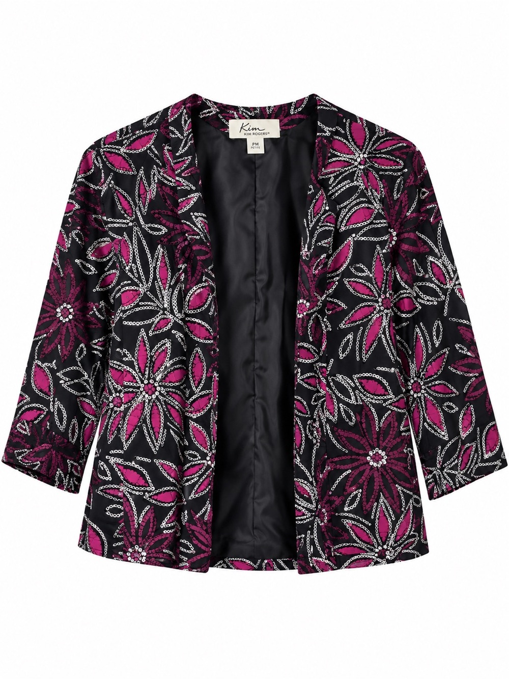 Kim Rogers Petite PM Linen Floral Open Front 3/4 Sleeve Lined Jacket